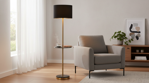 Modern Black & Gold Floor Lamp with Marble Shelf