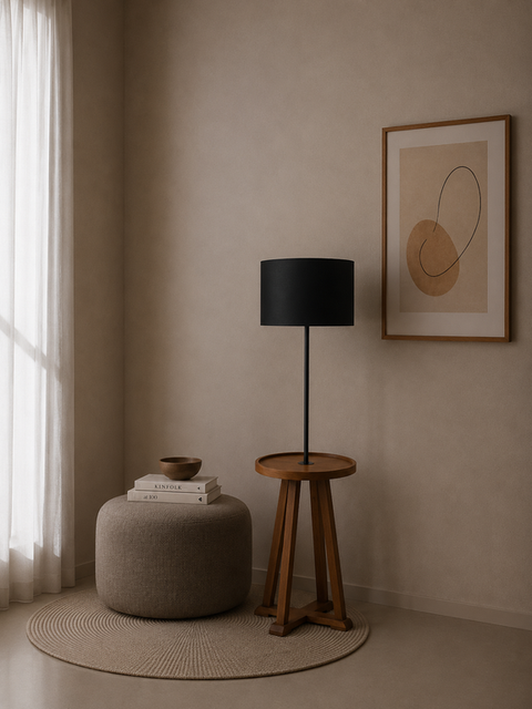 Modern Floor Lamp with Integrated Wooden Table