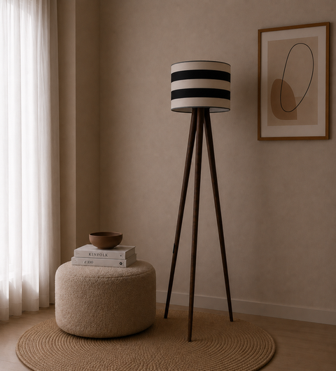 Boho Stripped Black & White Tripod Floor Lamp