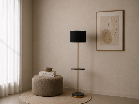 Modern Black & Gold Floor Lamp with Marble Shelf