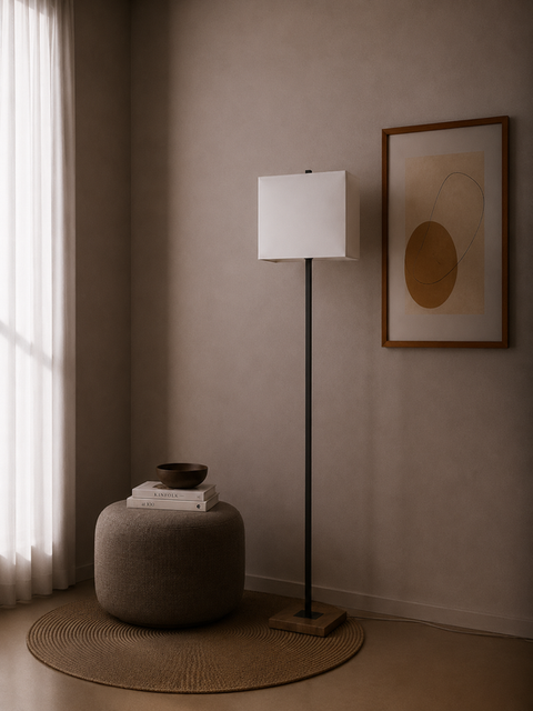 White-Shade Table Lamp with Wooden Base