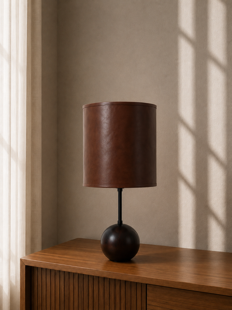 Wood Ball With Leather Shade Table Lamp