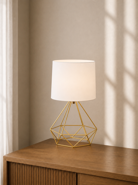 Modern Gold Geometric Table Lamp With Cotton Shade