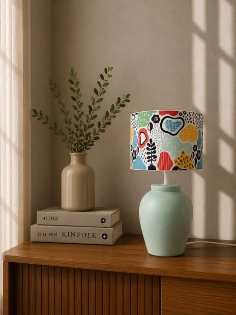 Green Pottery With Printed Shade Table Lamp