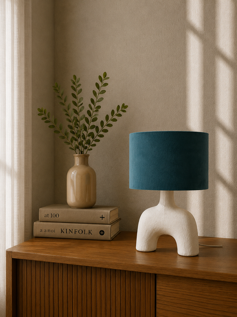 Sandy Pottery With Olive Shaded Table Lamp