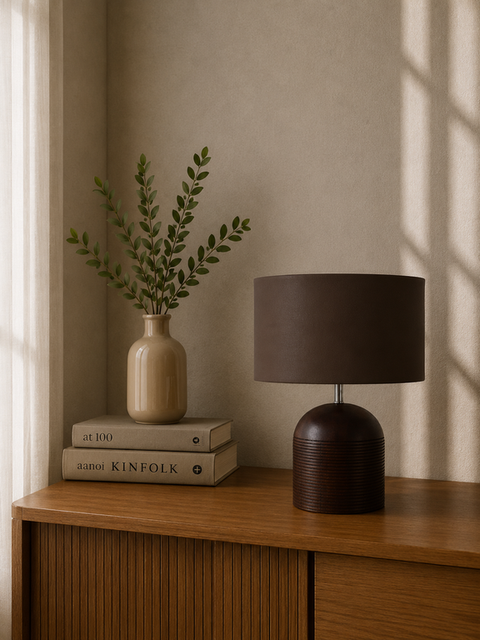 Wood With Leather Shade Table Lamp