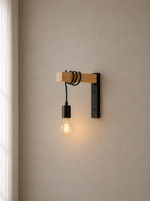 Black Cord & Natural Wood  Wall Lamp