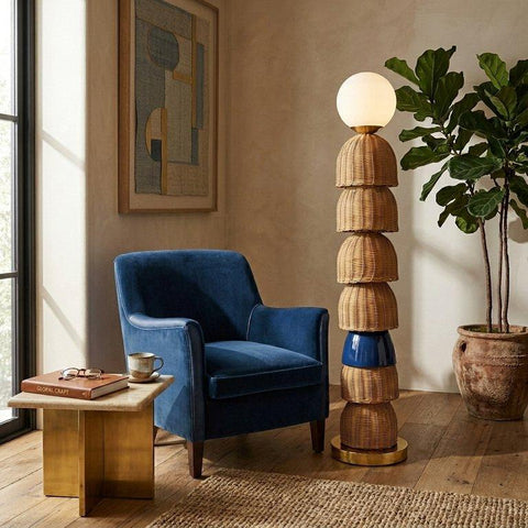 Modern Coastal Bamboo and Blue Floor Lamp