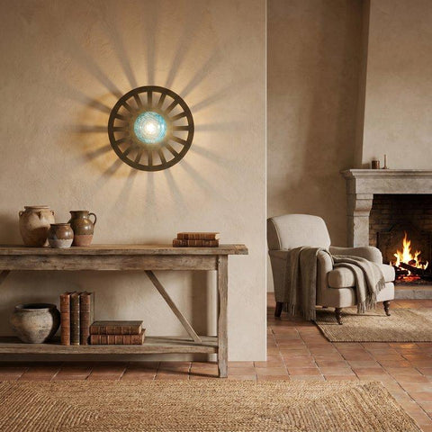 Vintage circular bronze wall lamp with blue glass ball