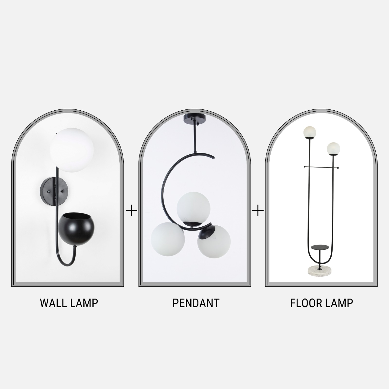 Black Metal Globe Lighting Set – Wall, Pendant & Floor