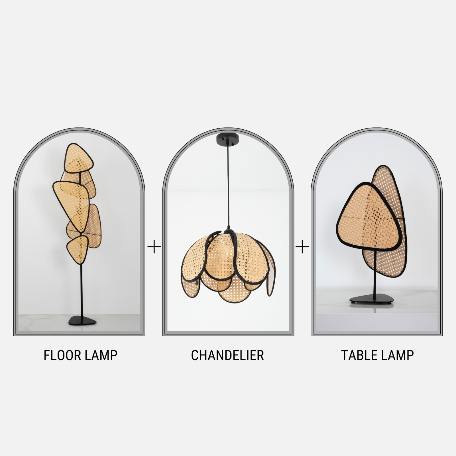 Woven Rattan Lighting Set – Floor, Chandelier & Table