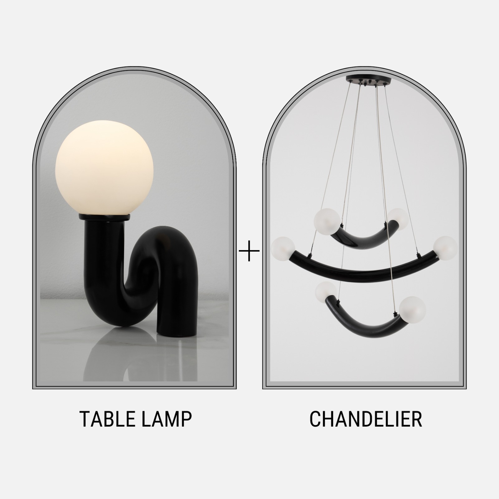 Black Sculptural Table Lamp & Chandelier 